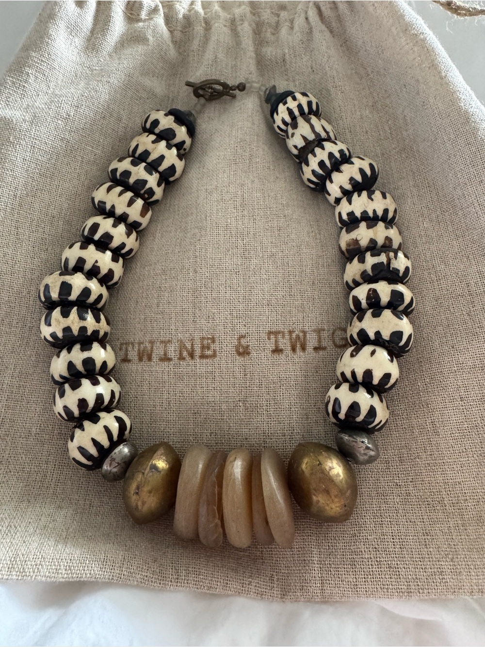 Twine & Twig Cream and Black Beaded Statement Necklace with gold accents